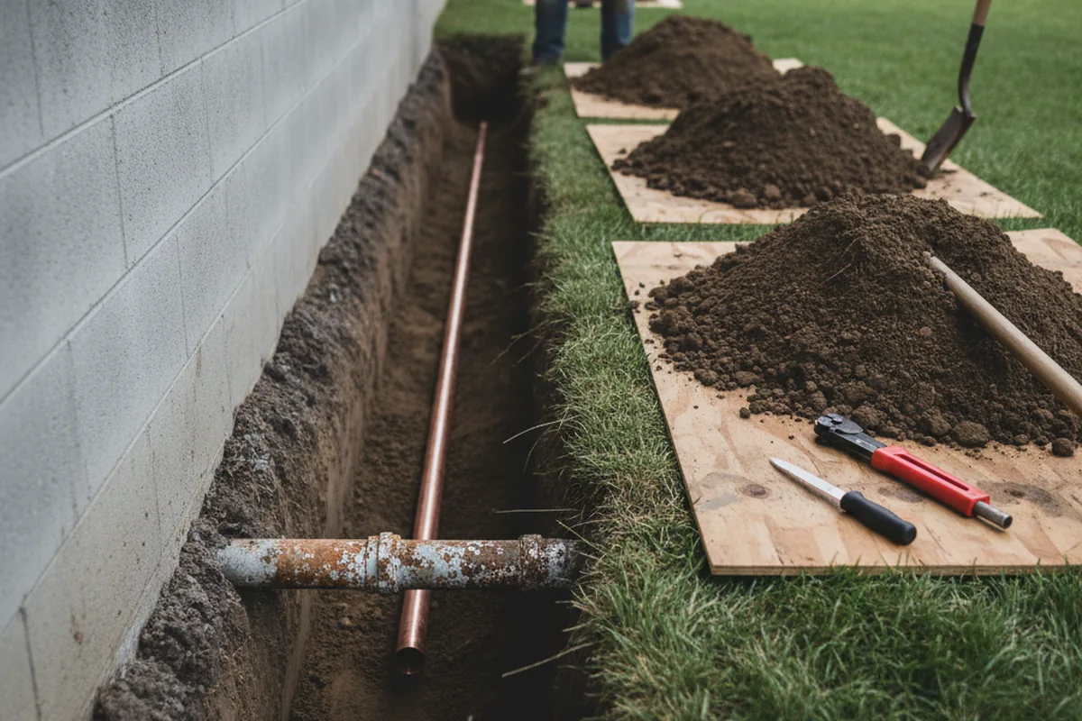 Excavated water line trench during Sewer Line Repair in Pierz